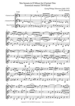 Book cover for Trio Sonata in D Minor for Clarinet Trio Essercizii musici TWV42:d4