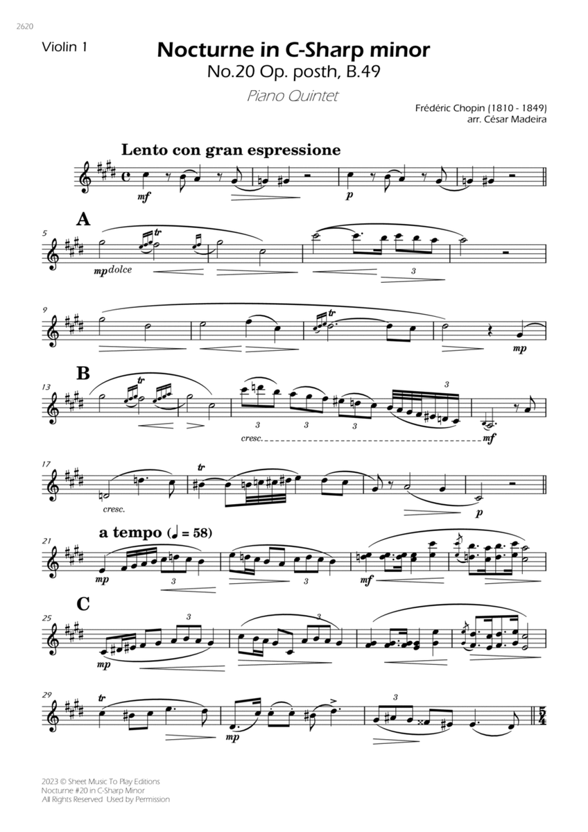 Nocturne No.20 in C Sharp minor - Piano Quintet (Individual Parts) image number null