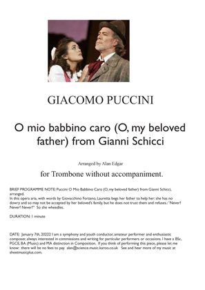Book cover for O, my beloved father) from Gianni Schicci, by G Puccini, arranged for unaccompanied solo Trombone.