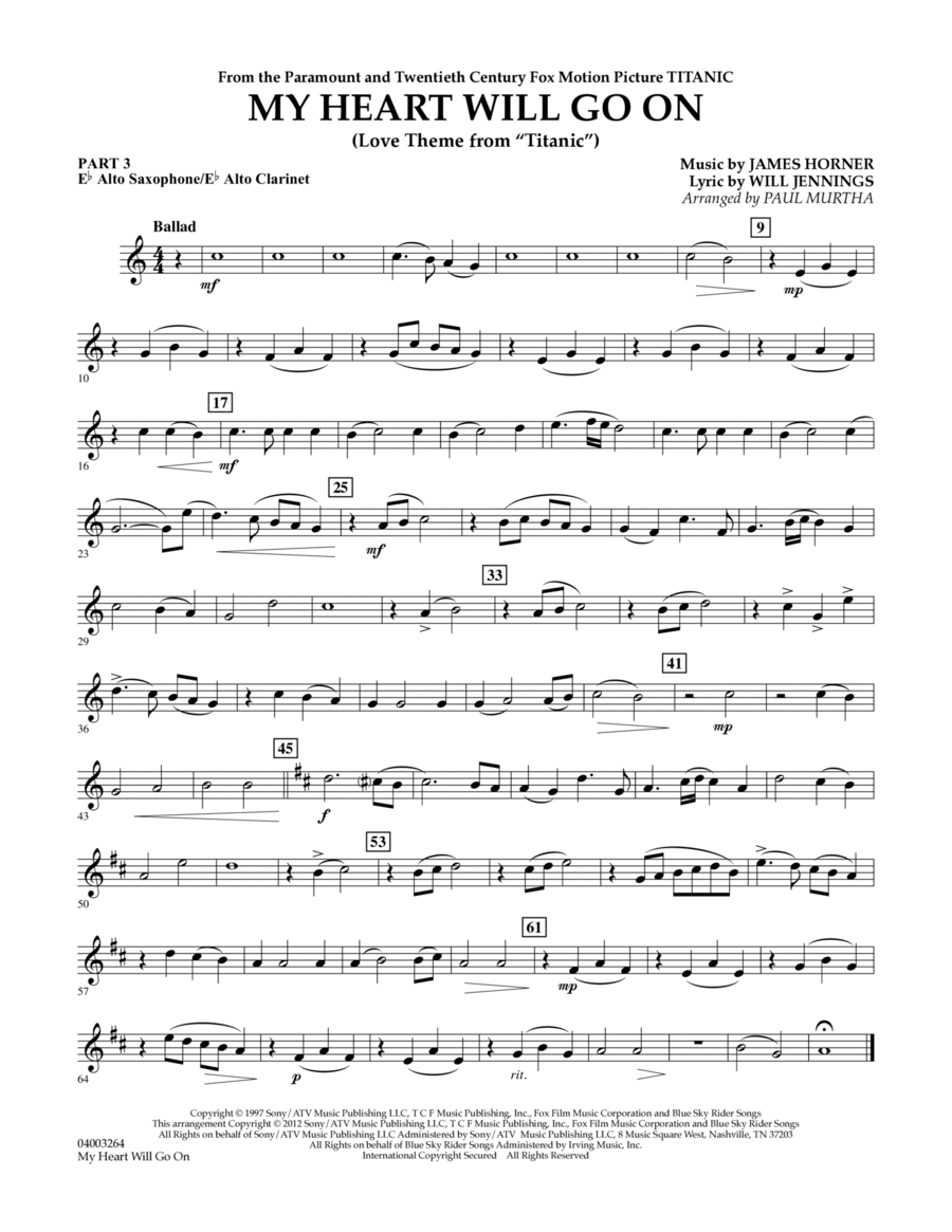 My Heart Will Go On (Love Theme from Titanic) - Pt.3 - Eb Alto Sax/Alto Clar.