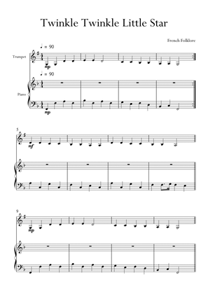 Book cover for Twinkle Twinkle Little Star in F Major for Trumpet and Piano. Very Easy.