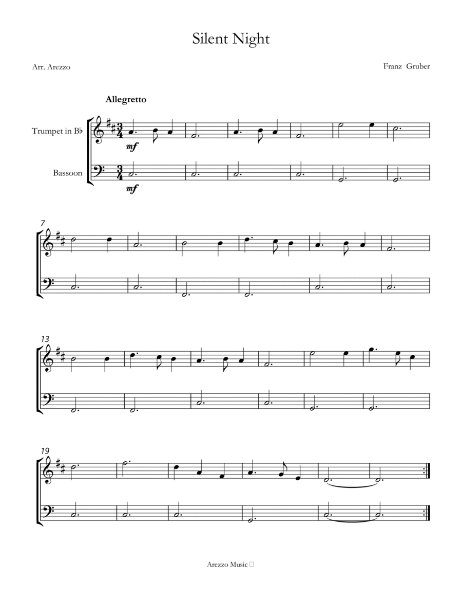 Silent Night carol for beginners sheet music for trumpet and Bassoon image number null