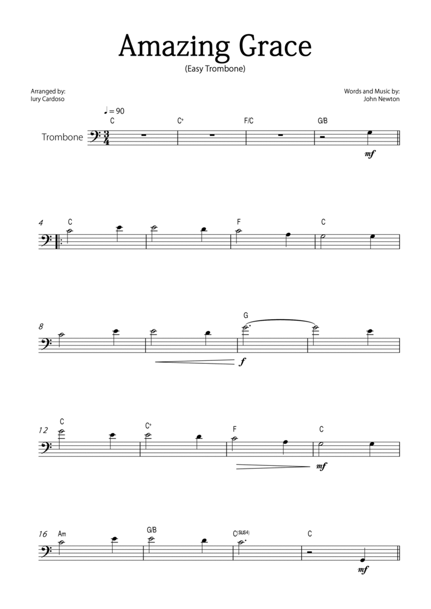 "Amazing Grace" - Beautiful easy version for TROMBONE solo. image number null