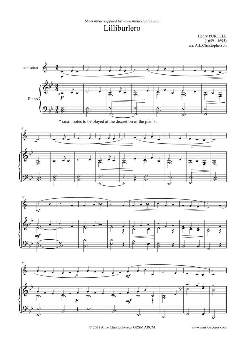 Lilliburlero - Clarinet and Piano image number null
