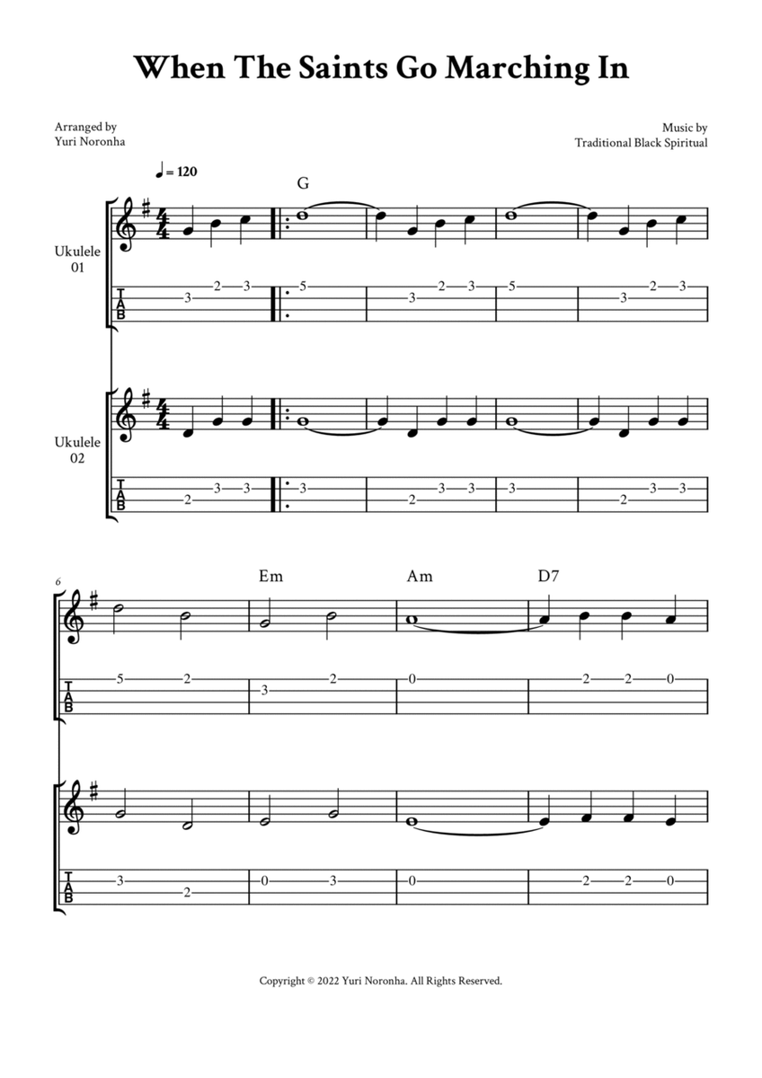 When The Saints Go Marching In - For Ukulele Duet (G Major with TAB and Chords) image number null