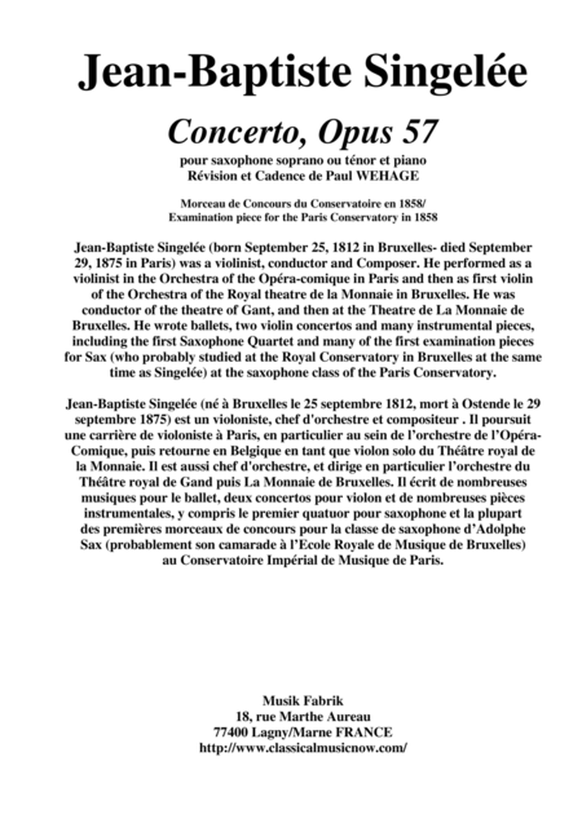 Jean-Baptiste Singelée Concerto, Opus 57 pour saxophone soprano ou ténor et piano Révision et Cadenc