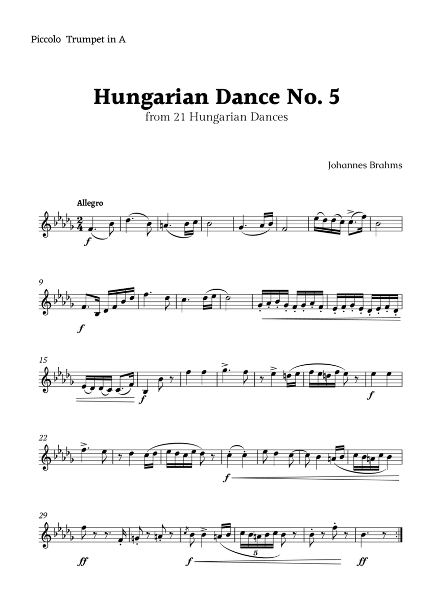 Hungarian Dance No. 5 by Brahms for Piccolo Trumpet in A Solo image number null