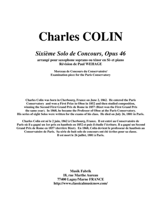 Book cover for Charles Colin: Sixième Solo de Concours, Opus 46 arranged for Bb soprano or tenor saxophone and pian