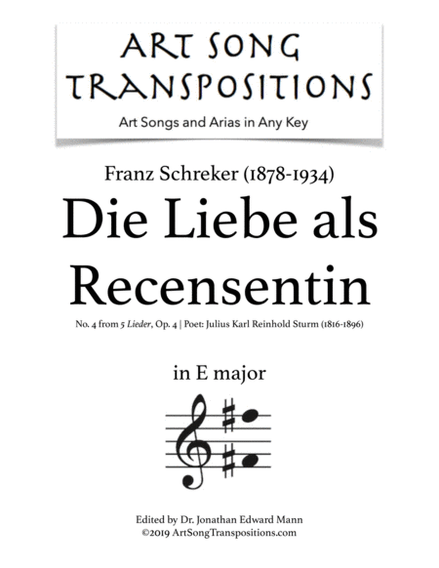 SCHREKER: Die Liebe als Recensentin, Op. 4 no. 4 (transposed to E major)