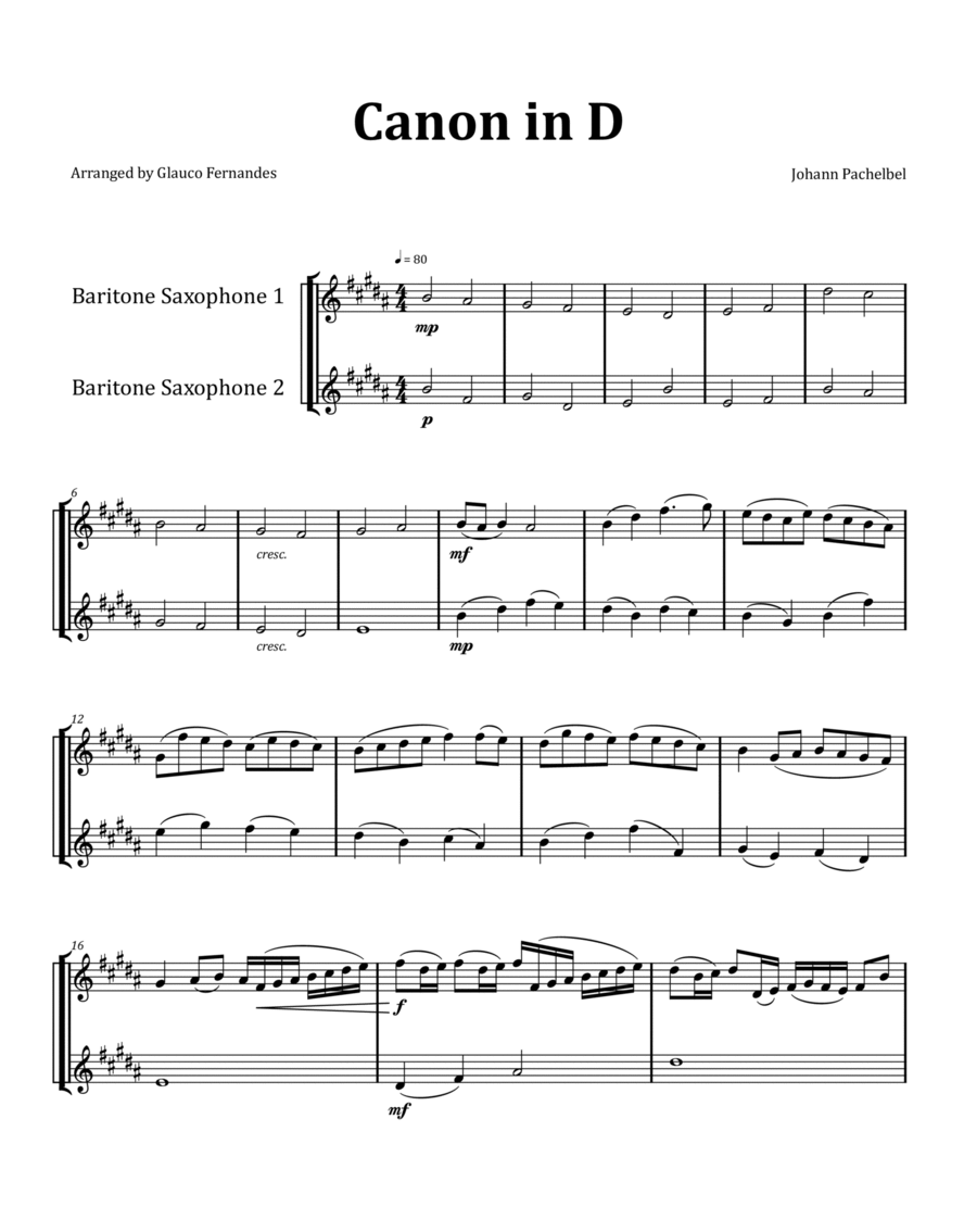 Canon by Pachelbel - Baritone Saxophone Duet image number null