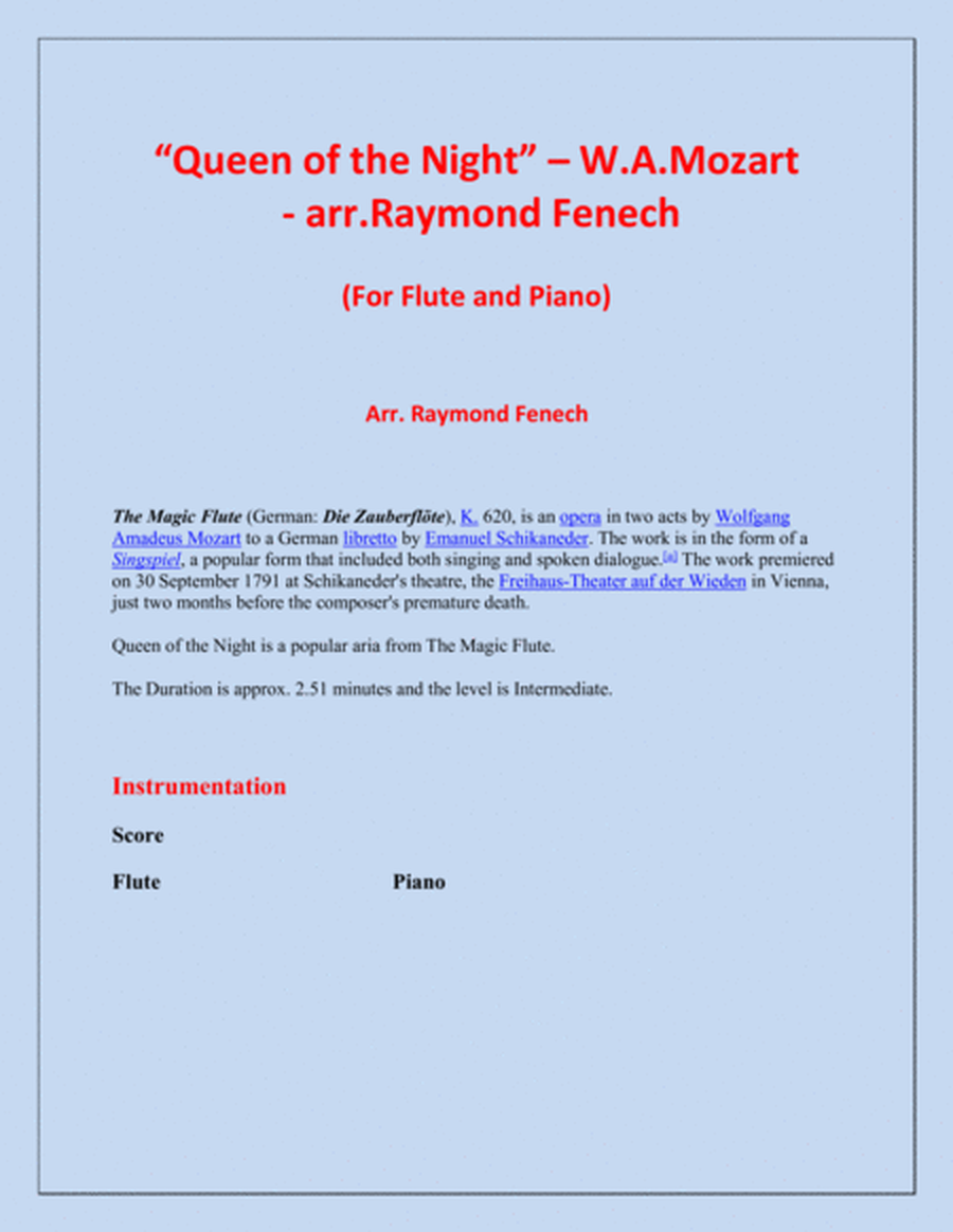 Queen of the Night - From the Magic Flute - Flute and Piano image number null