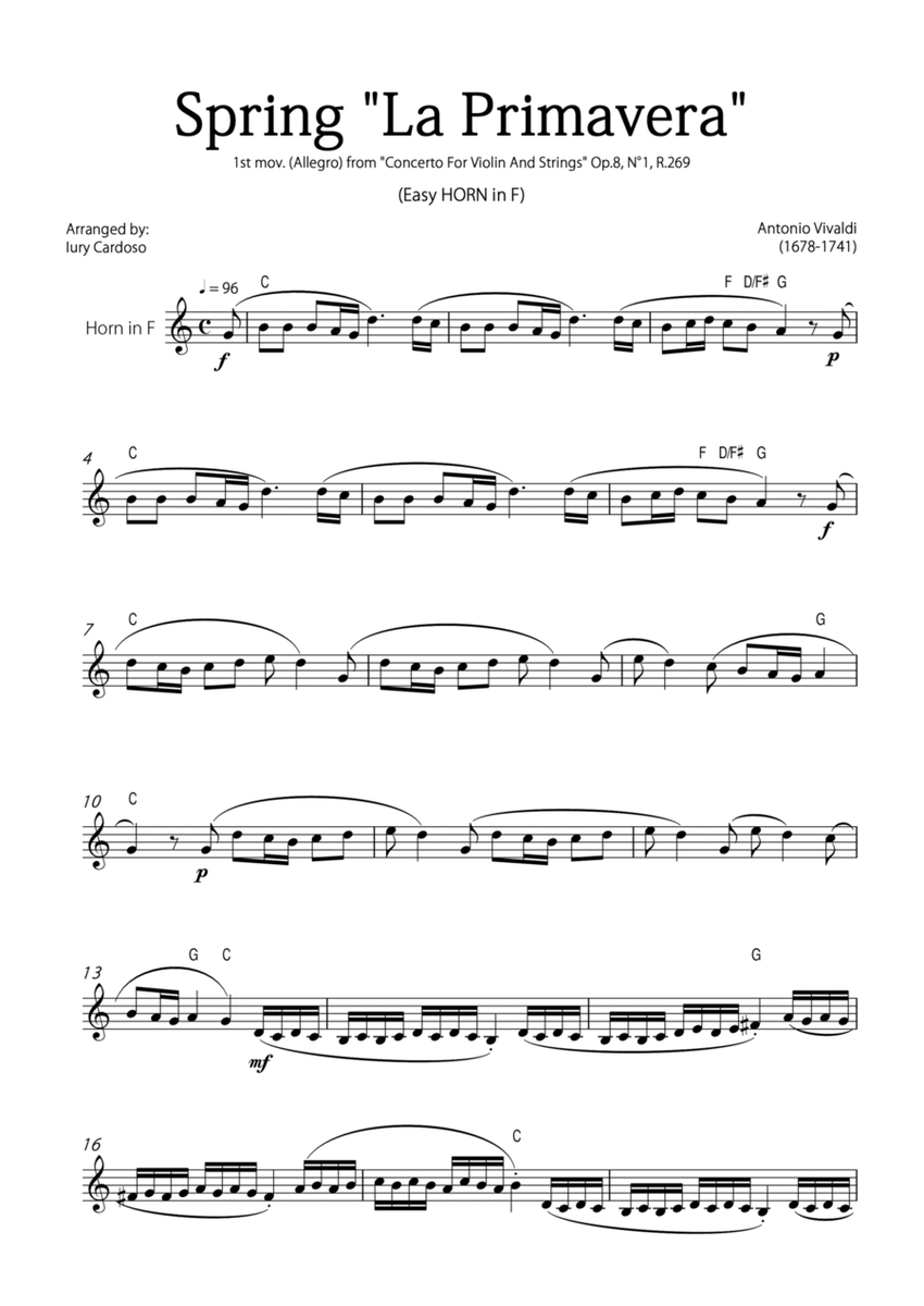 "Spring" (La Primavera) by Vivaldi - Easy version for HORN in F SOLO image number null