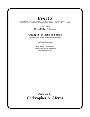 Book cover for Presto, violin solo after Telemann