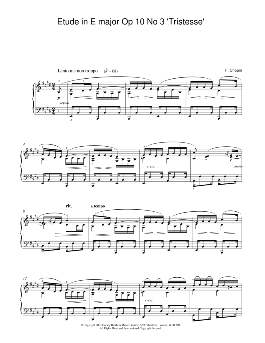 Etude In E Major, Op. 10, No. 3 (Tristesse) (Abridged and simplified)