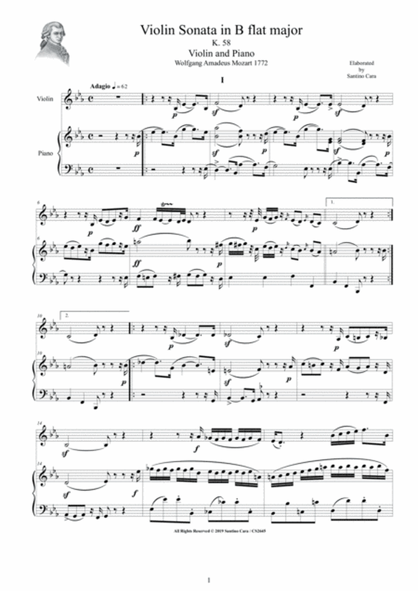 Mozart - Violin Sonata in E flat K 58 for Violin and Piano - Score and Part image number null