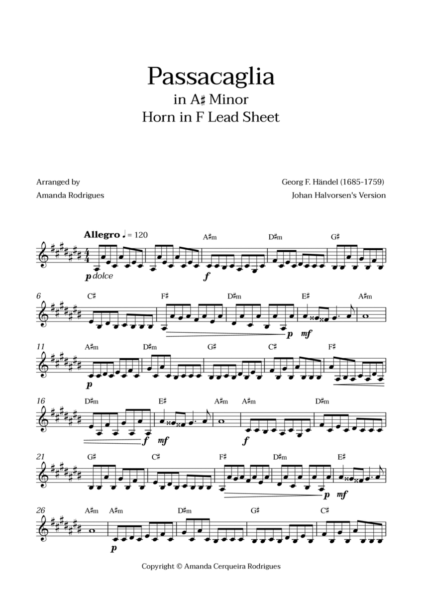 Passacaglia - Easy Horn in F Lead Sheet in A#m Minor (Johan Halvorsen's Version) image number null