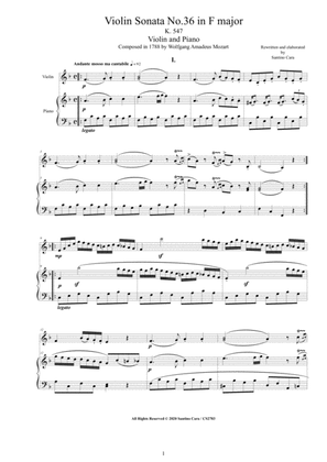 Book cover for Mozart - Violin Sonata No.36 in F major K 547 for Violin and Piano - Score and Part