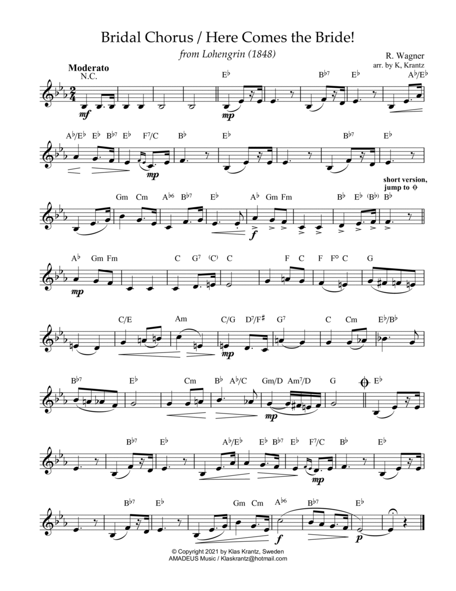 Bridal Chorus / Here Comes the Bride! lead sheet with guitar chords (Eb Major) image number null