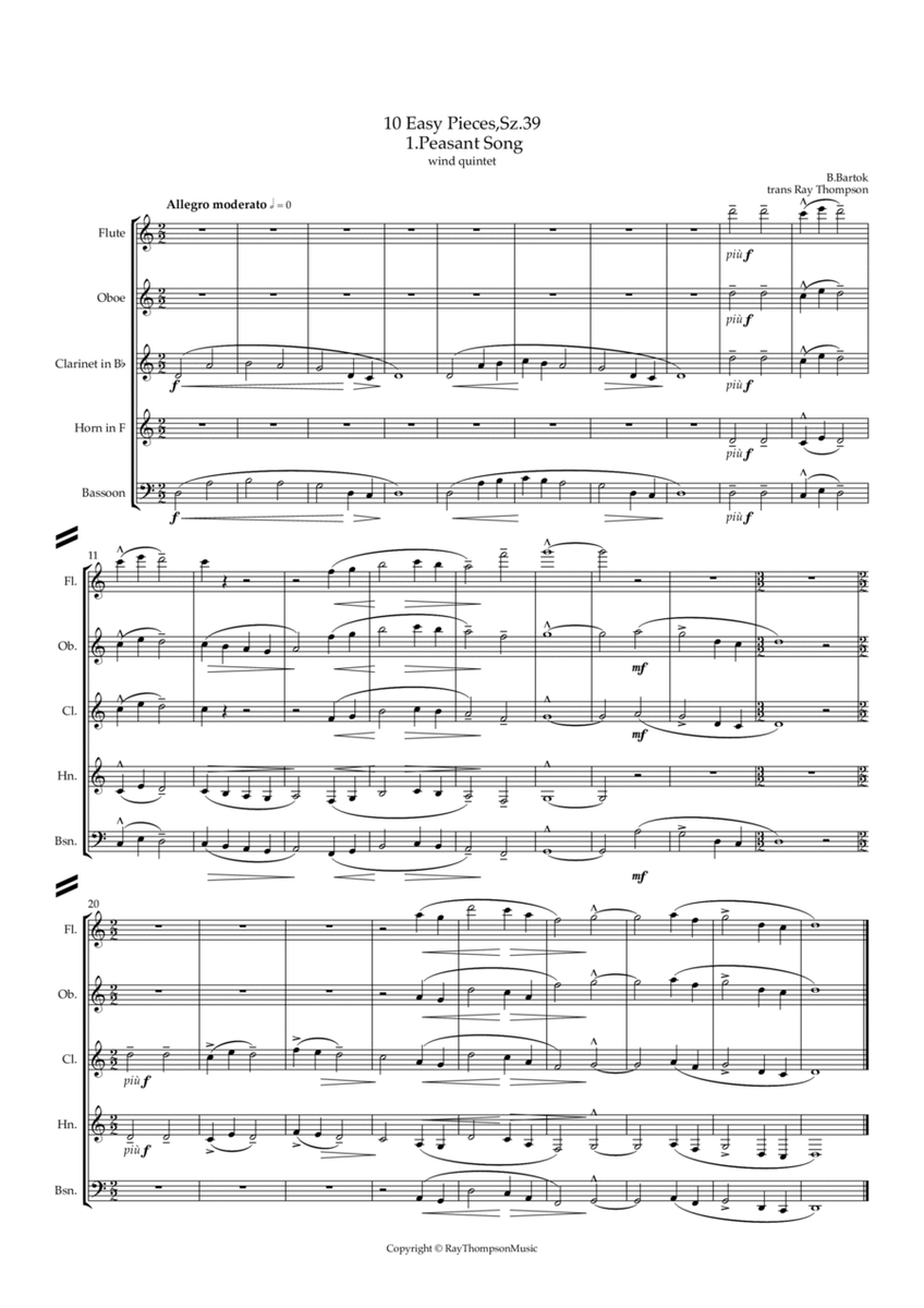 Bartók: 10 Easy Pieces , Sz.39 1.Peasant Song - wind quintet image number null