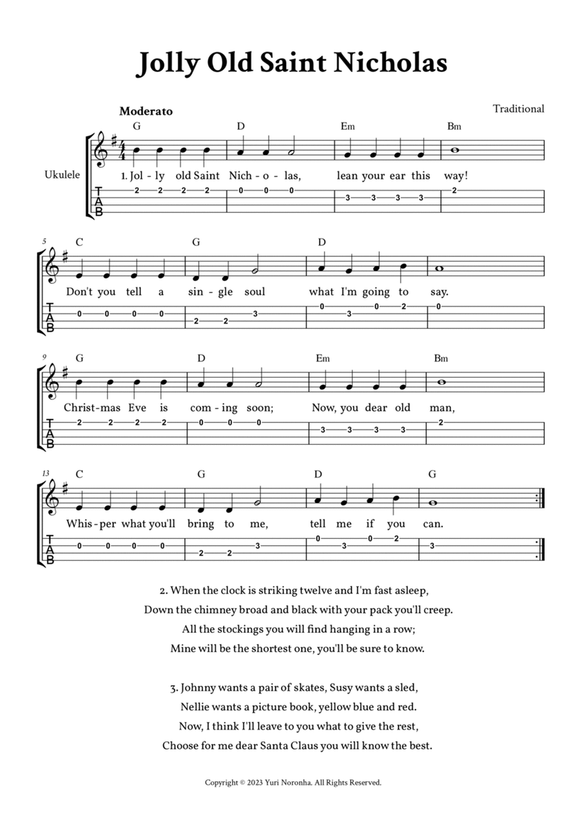 Jolly Old Saint Nicholas - For Ukulele (G Major - with TAB, Chords and Full Lyrics) image number null