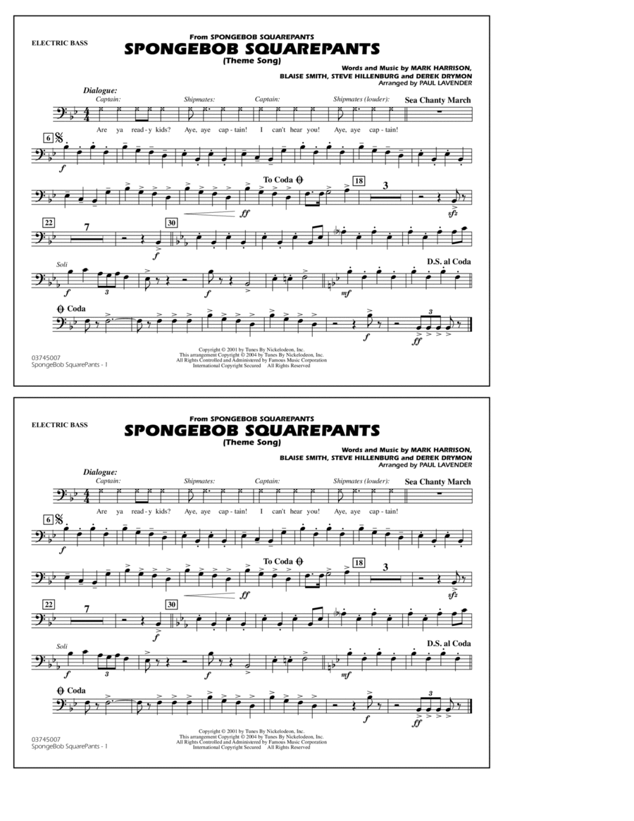 Spongebob Squarepants (Theme Song) (arr. Paul Lavender) - Electric Bass