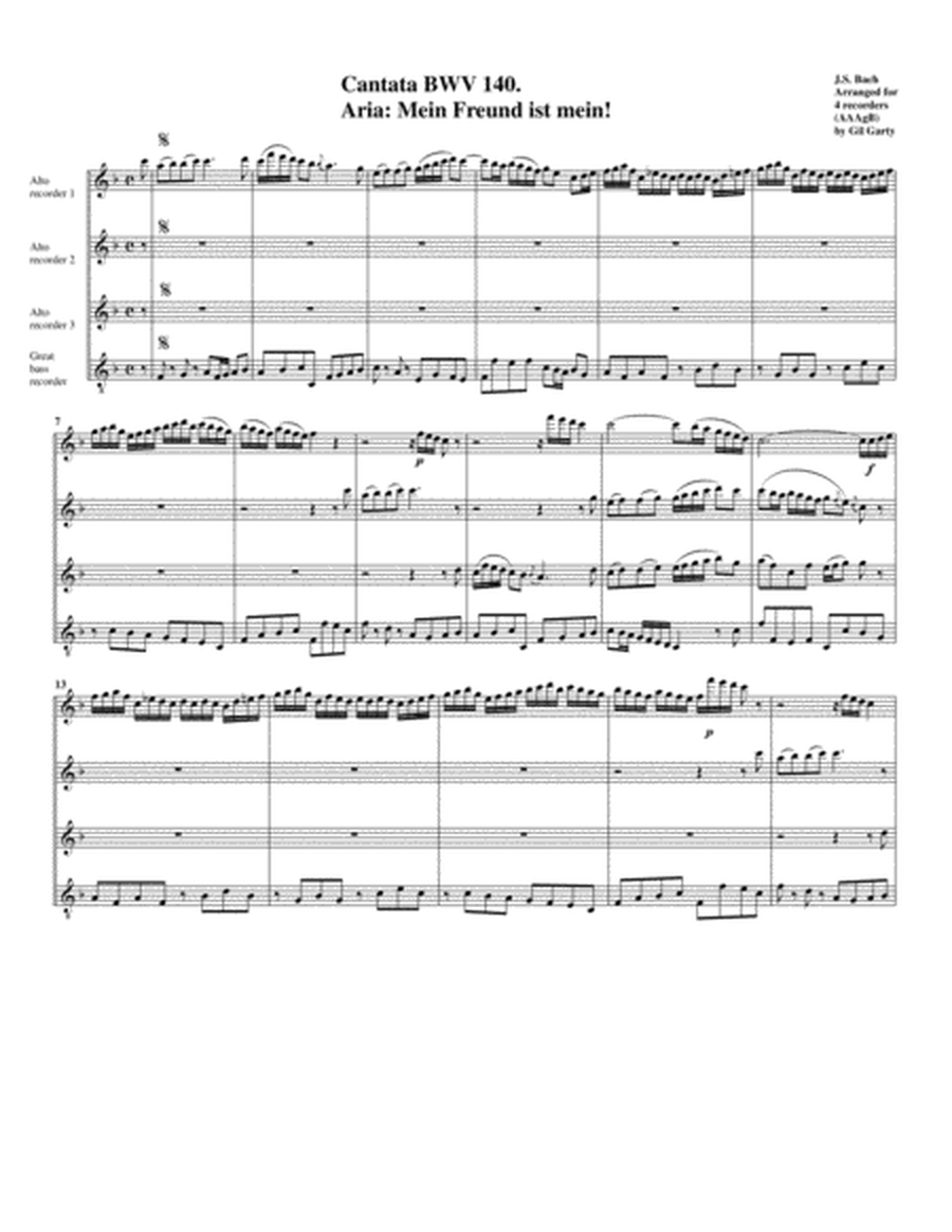 Mein Freund ist mein! from cantata BWV 140 (arrangement for 4 recorders) image number null