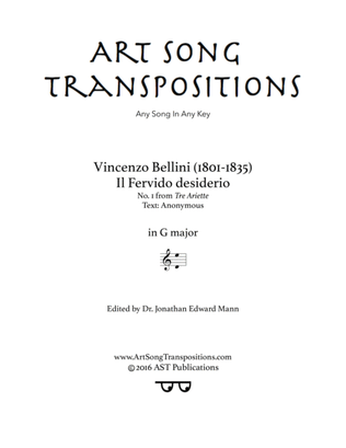 Book cover for BELLINI: Il fervido desiderio (transposed to G major)