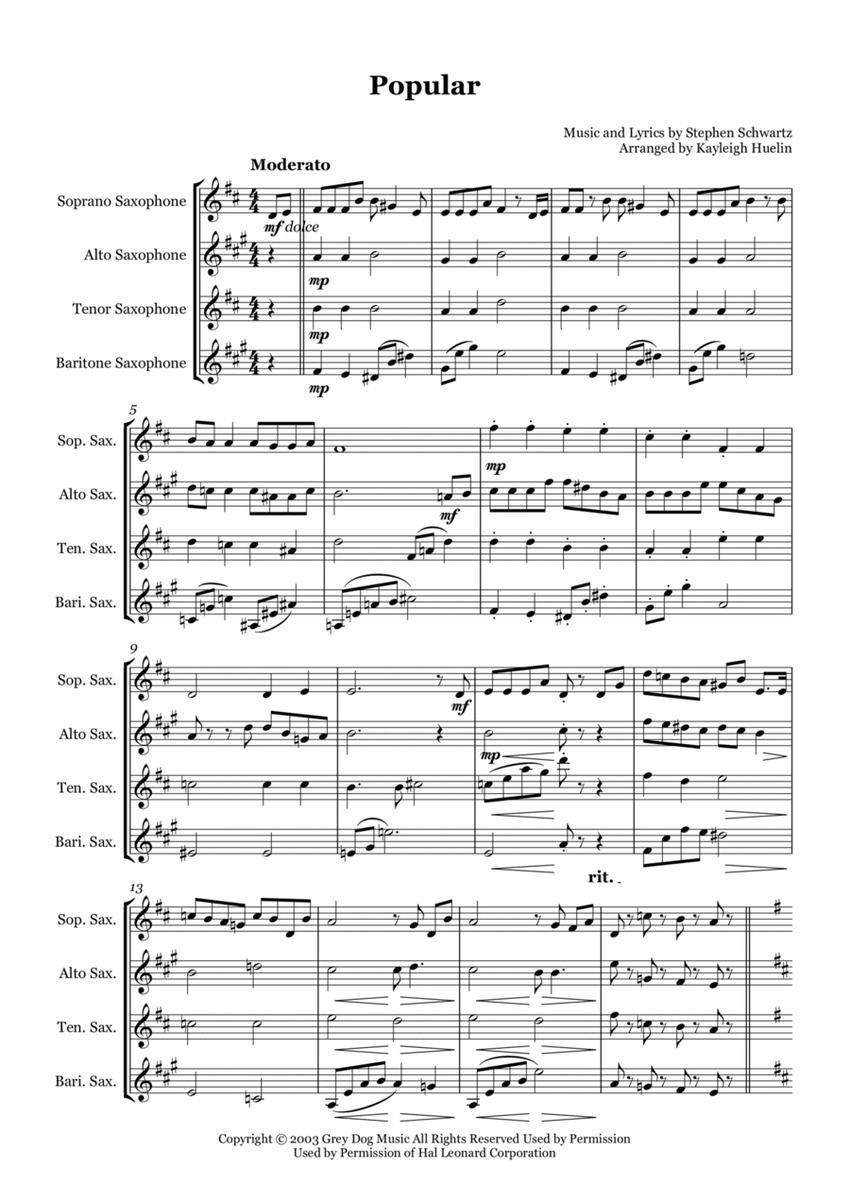 Popular from 'Wicked' - Saxophone quartet (SATB) image number null