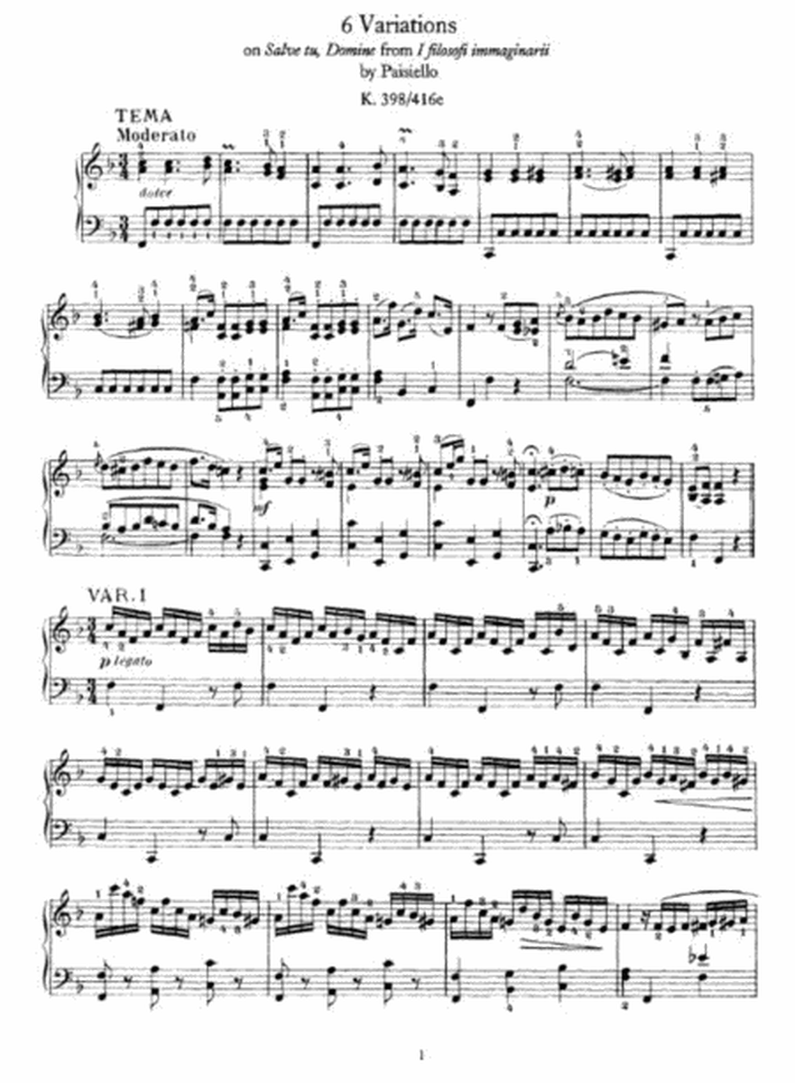 Mozart - 6 Variations on Salve tu, Domine from I filosofi immaginarii by Paisiello K. 398-416e