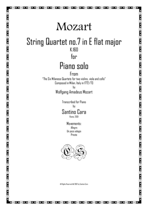 Book cover for Mozart – Complete String quartet no.7 in E flat K160 for piano solo