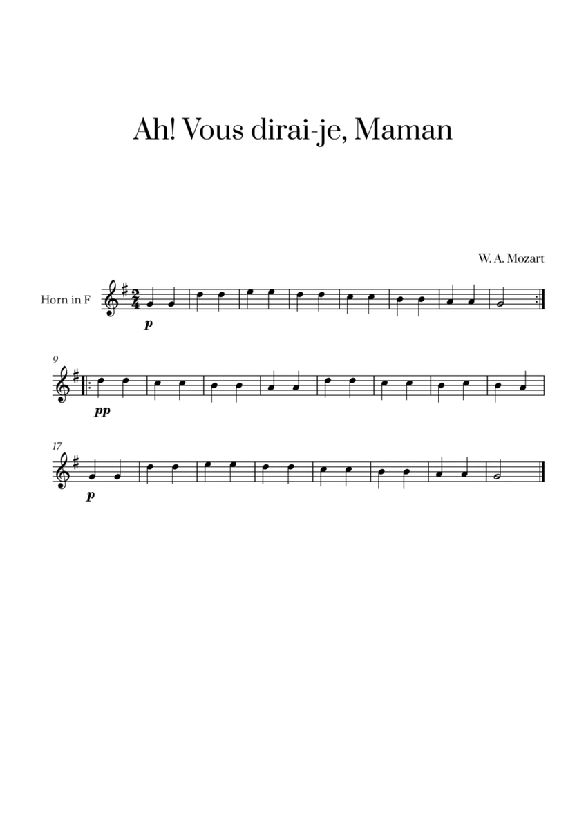 W. A. Mozart - Ah! Vous dirai-je, Maman for French Horn Solo image number null