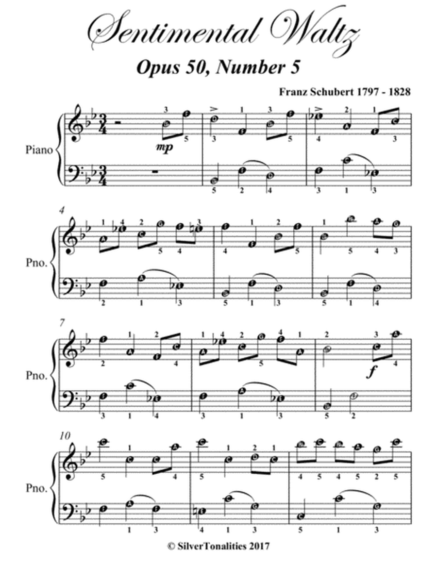 Sentimental Waltz Opus 50 Number 5 Easy Piano Sheet Music