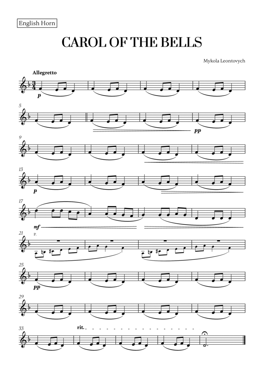 Carol of the Bells (Very Easy/Beginner) (for English Horn) image number null