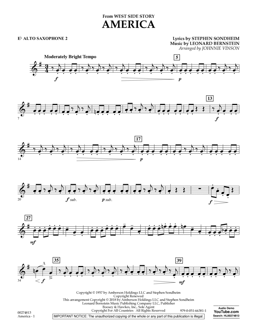 America (from West Side Story) (arr. Vinson) - Eb Alto Saxophone 2