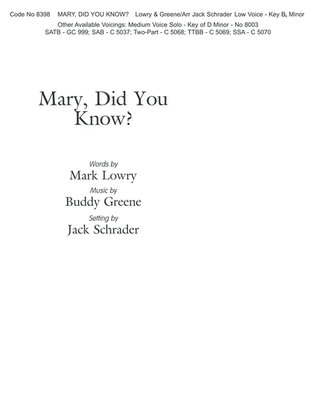 Book cover for Mary, Did You Know? (Low Voice;Key of B-Flat Minor)-Digital Download