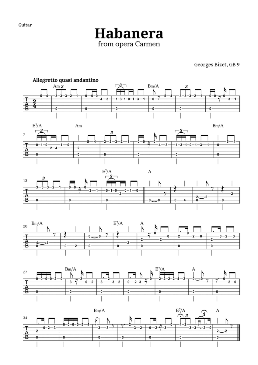 Habanera from Carmen by Bizet for Guitar TAB with Chords image number null