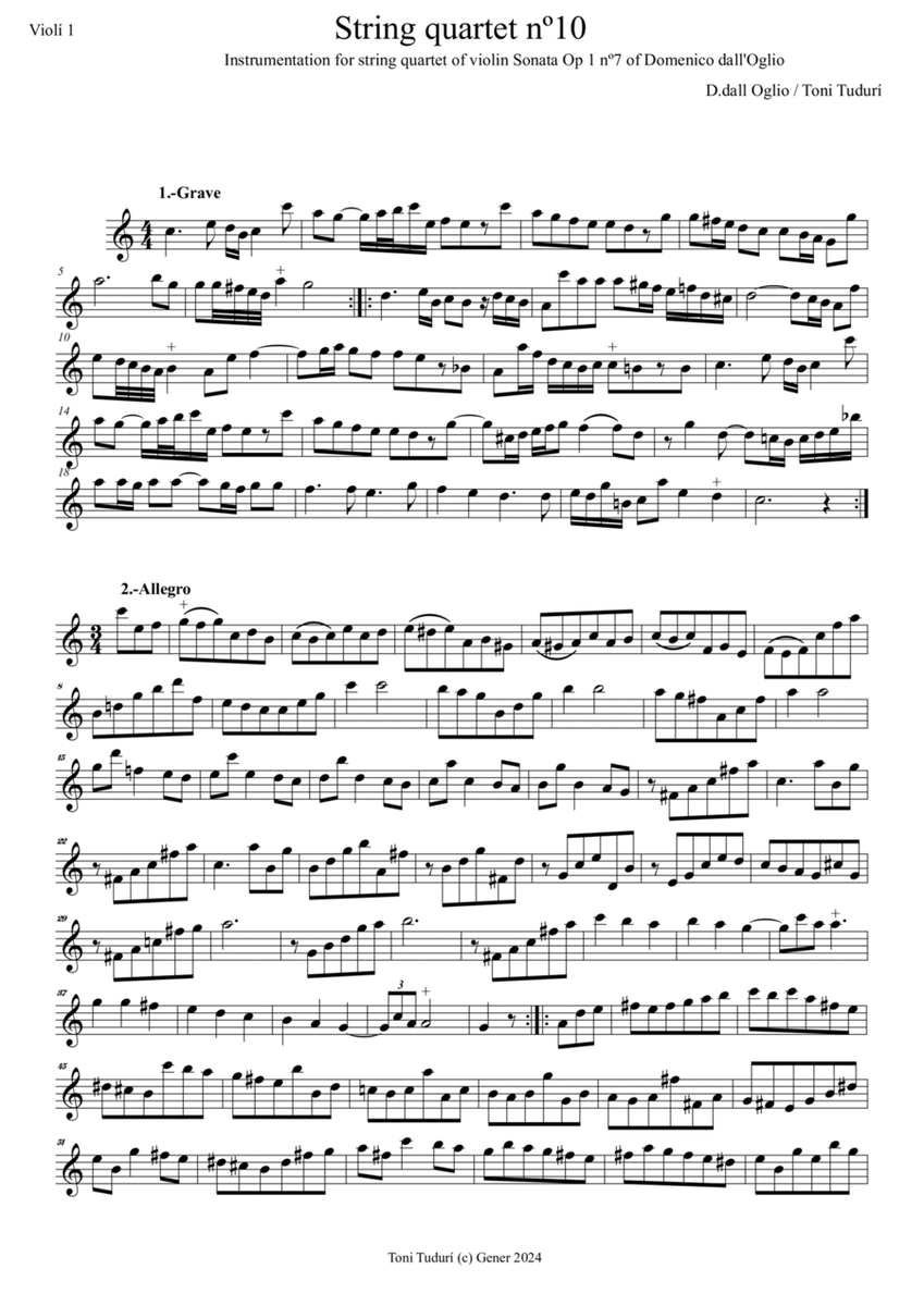 String quartet nº10-Toni Tudurí (instr. of Domenico dall'Oglio violin Sonata Op1 nº7 in C Maj) String Quartet - Digital Sheet Music