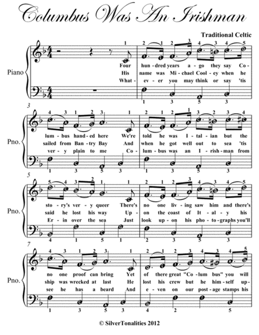 Columbus Was an Irishman Easy Piano Sheet Music