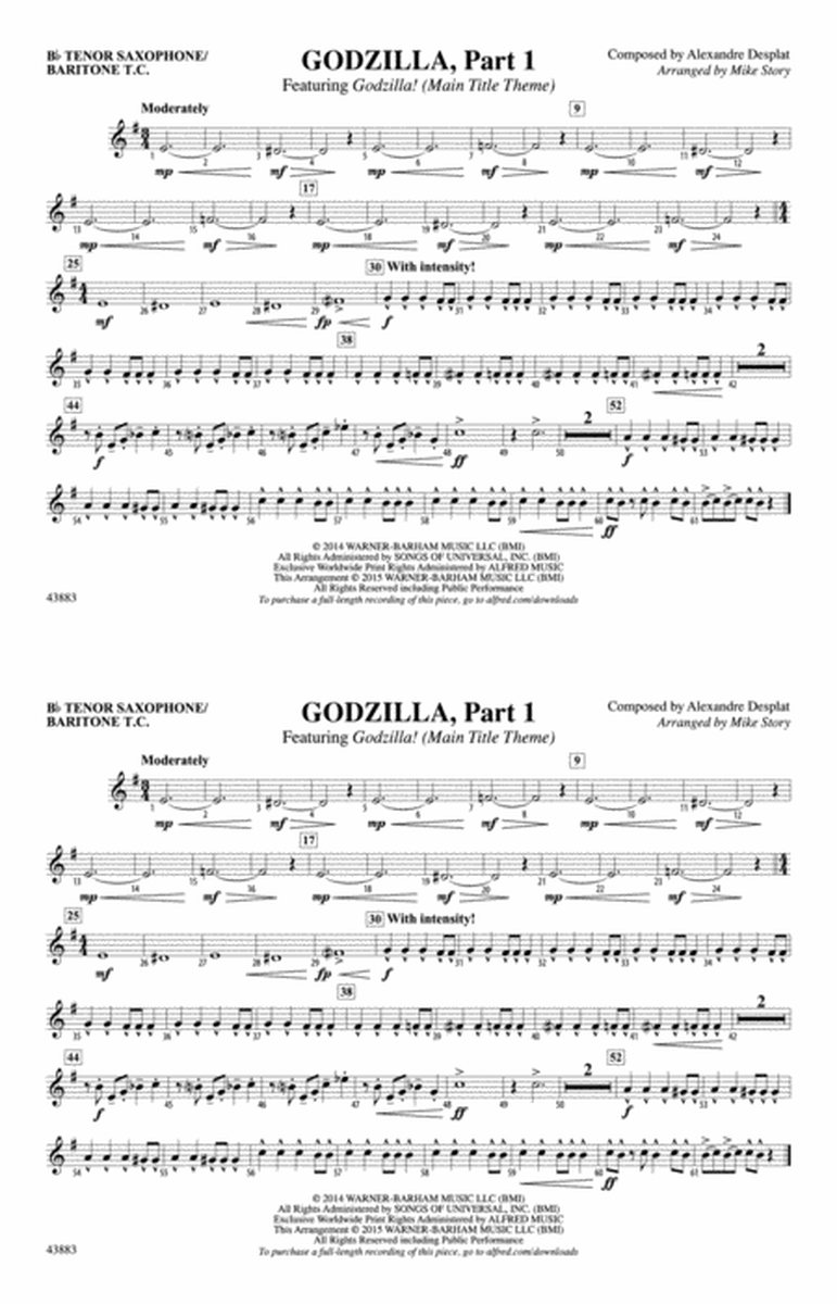 Godzilla, Part 1: Bb Tenor Saxophone/Bartione Treble Clef