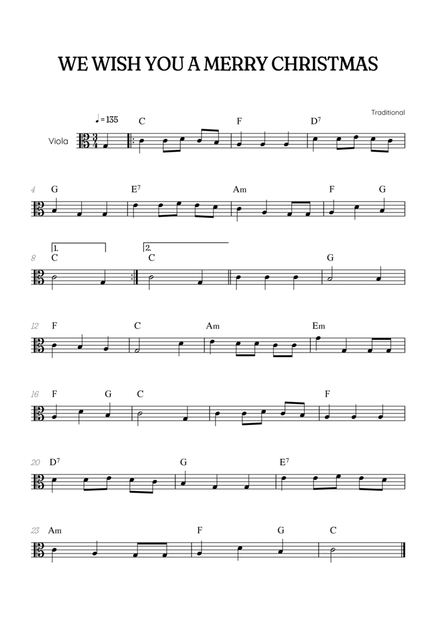 We Wish You a Merry Christmas for viola • easy Christmas sheet music with chords image number null