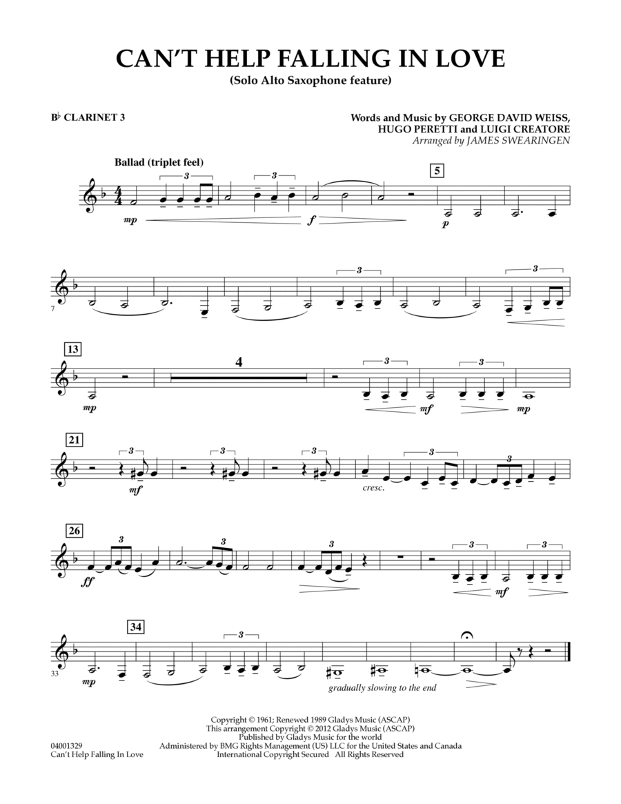 Can't Help Falling In Love (Solo Alto Saxophone Feature) - Bb Clarinet 3