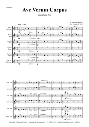 Book cover for Ave Verum Corpus - W.A. Mozart - Saxophone Trio