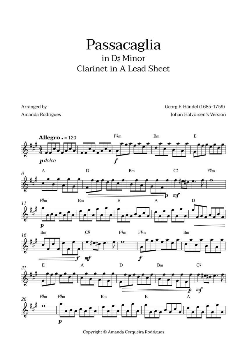 Passacaglia - Easy Clarinet in A Lead Sheet in D#m Minor (Johan Halvorsen's Version) image number null