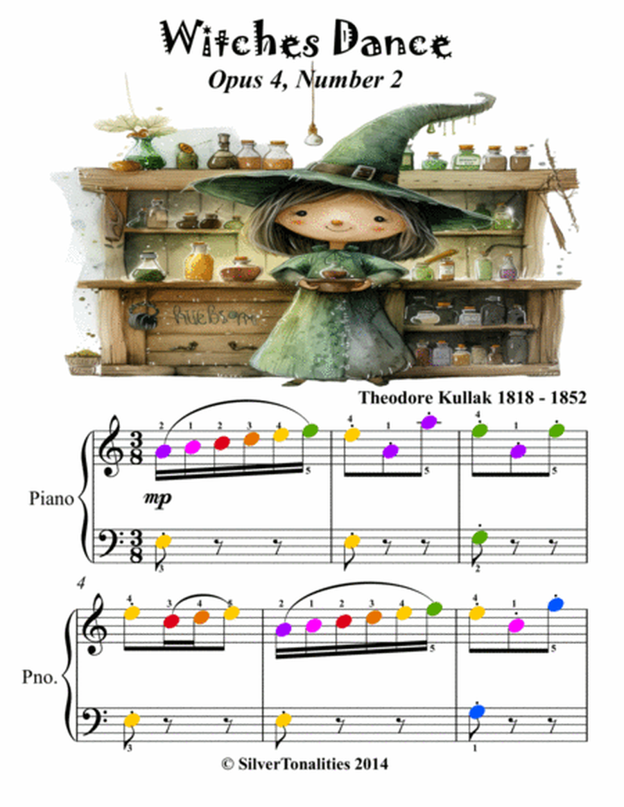 Witches Dance Opus 4 Number 2 Easy Piano Sheet Music with Colored Notation