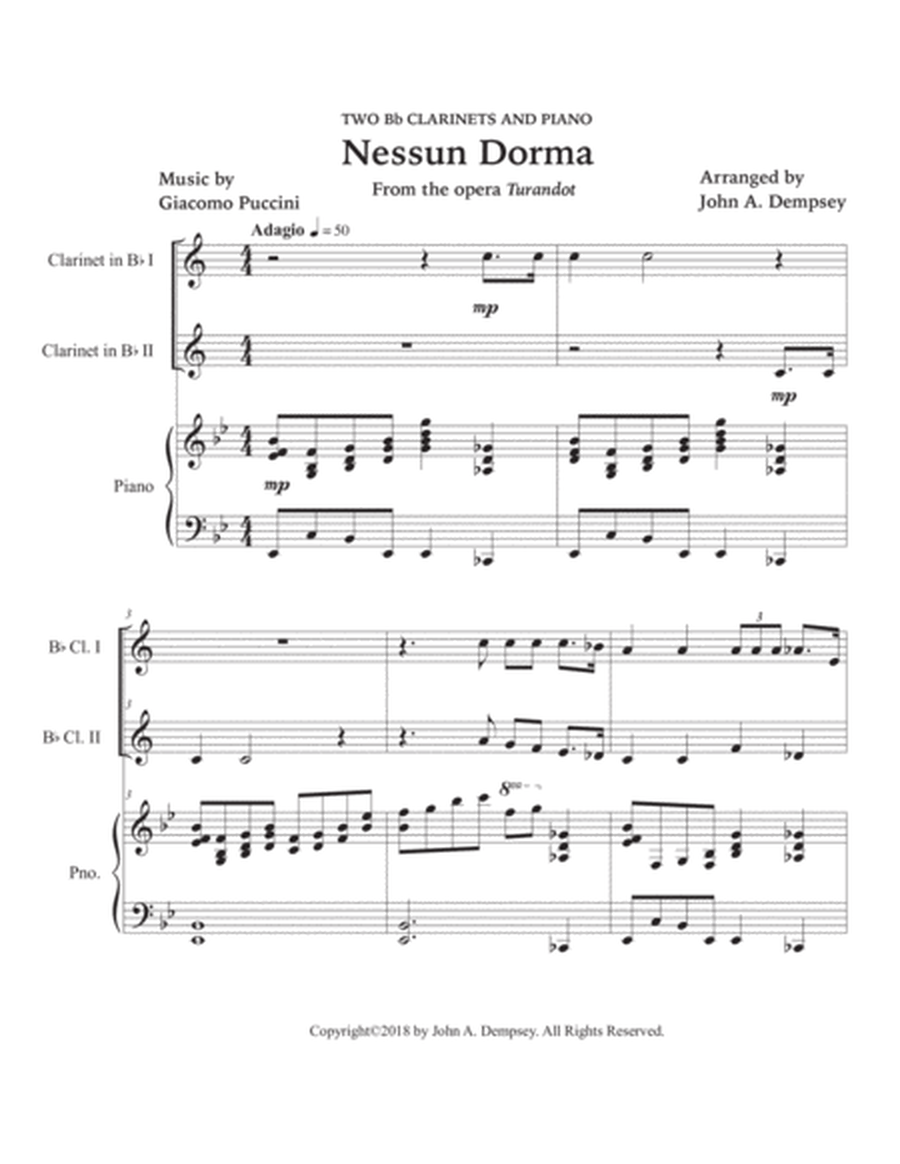 Nessun Dorma (Trio for Two Clarinets and Piano) by Giacomo Puccini Woodwind Duet - Digital Sheet Music