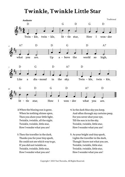 Twinkle, Twinkle Little Star - Lead Sheet D Major (Full Lyrics) by  Traditional - A Cappella - Digital Sheet Music