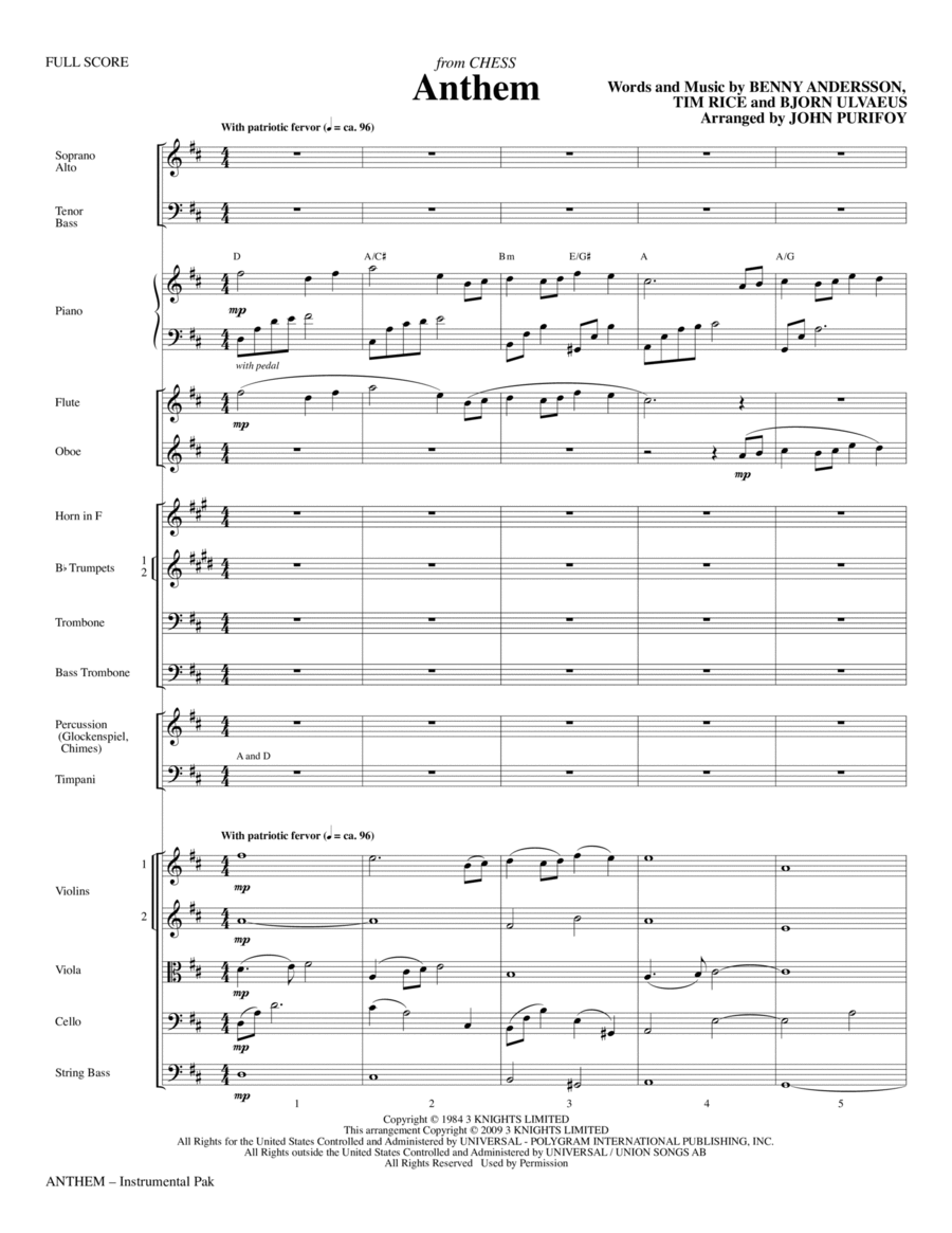 Anthem (from Chess) - Full Score