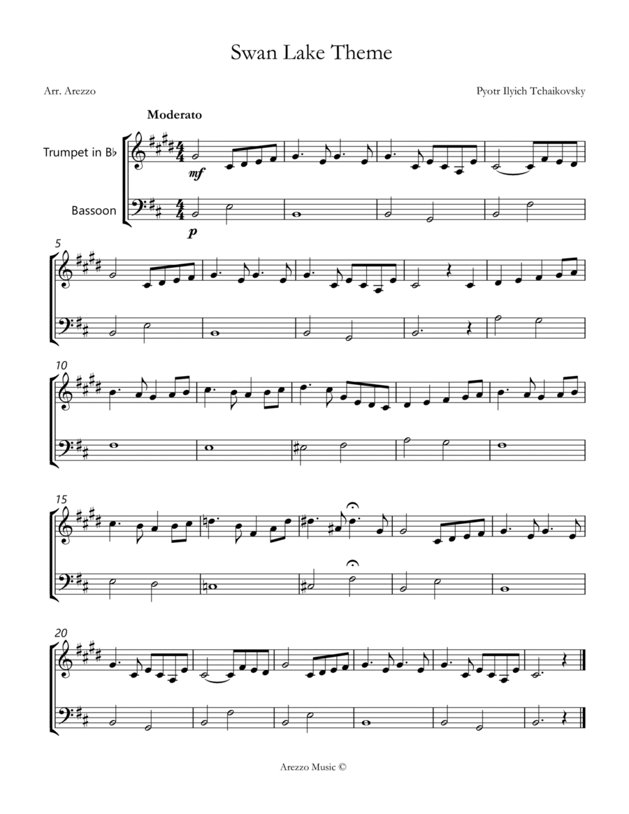 the swan lake theme sheet music for Trumpet and Bassoon image number null