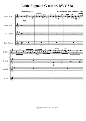 Book cover for Little Fugue in G minor--for 2 B flat clarinets, alto clarinet and bass clarinet