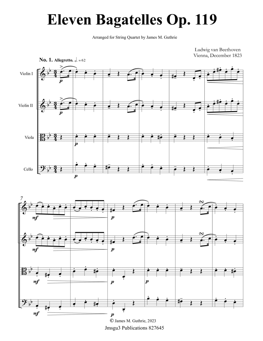 Beethoven: Eleven Bagatelles Op. 119 Complete for String Quartet image number null